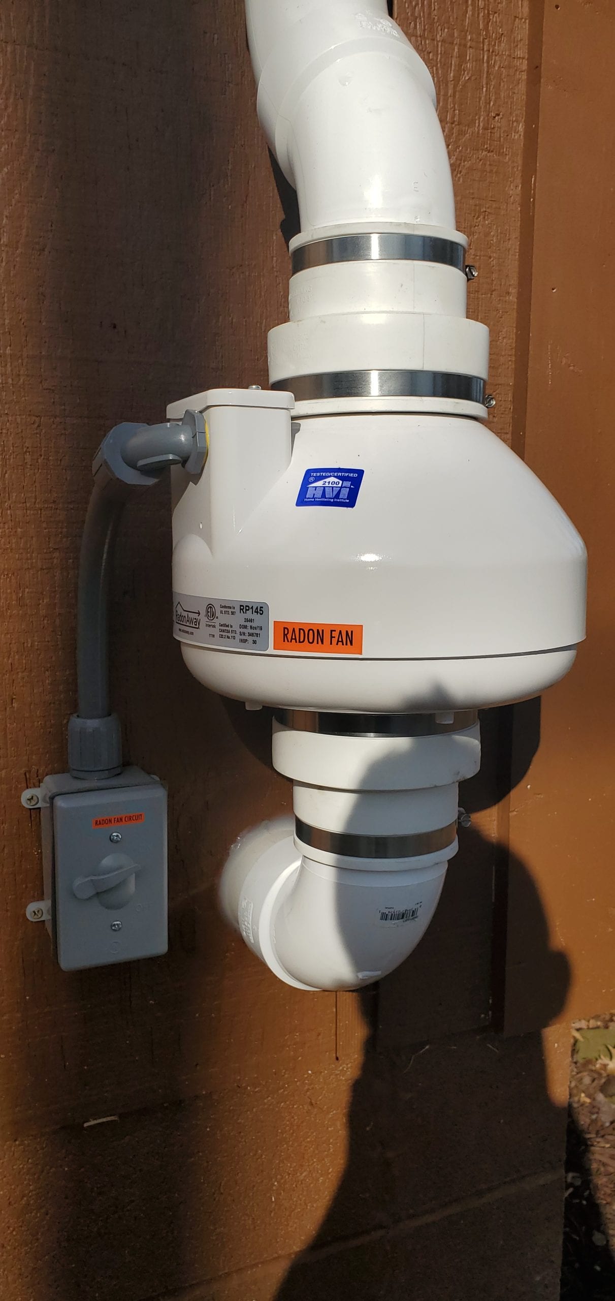 Exterior Radon Mitigation system fan and electrical shutoff