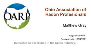 OARP member card Ohio Association of Radon Professionals