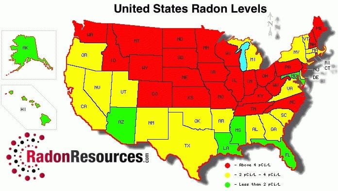 United State Radon Levels Map by state